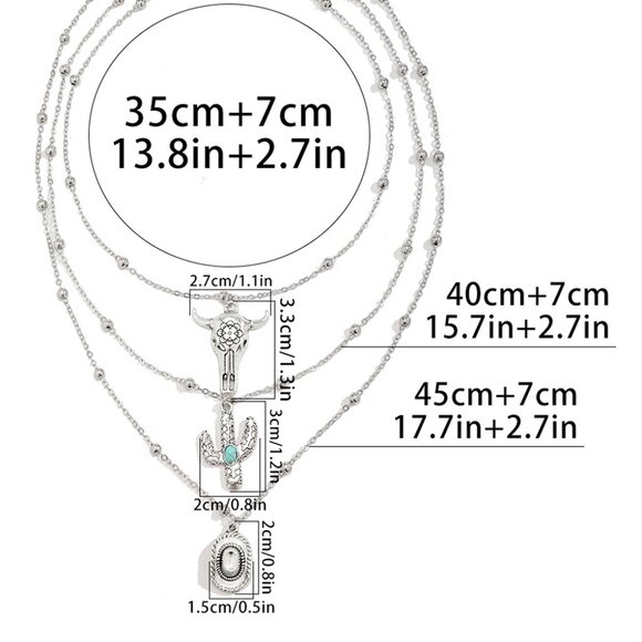 B253 Silvery Western Steer Cactus Pendant Adjustable Multi Layer Necklace - Picture 5 of 6